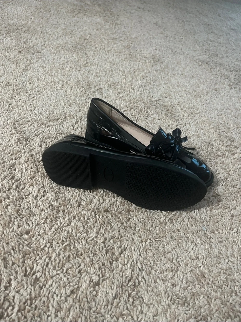 Shiny Black Kiltie Loafers for Kids with Bow Accent